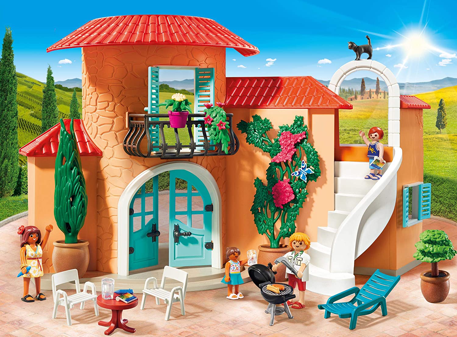 Playmobil très grande (et belle) maison fleurie à étage avec personnages et  mobilier, décorations - Playmobil